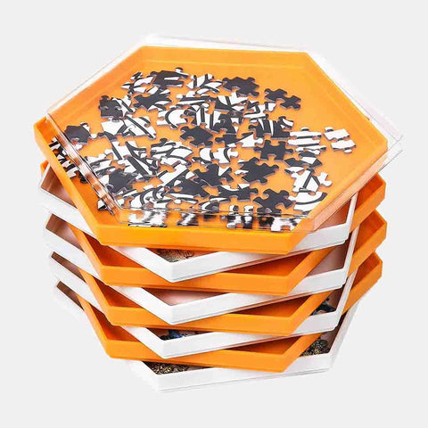 Stackable Puzzle Sorting Trays Up to 1500 Pieces, 8 Hexagonal Trays in White & Orange - jigsawdepot