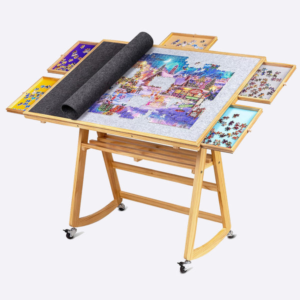 1500 piece tilting puzzle table 5 colored drawers cover portable wooden legs 4 wheels lavievert