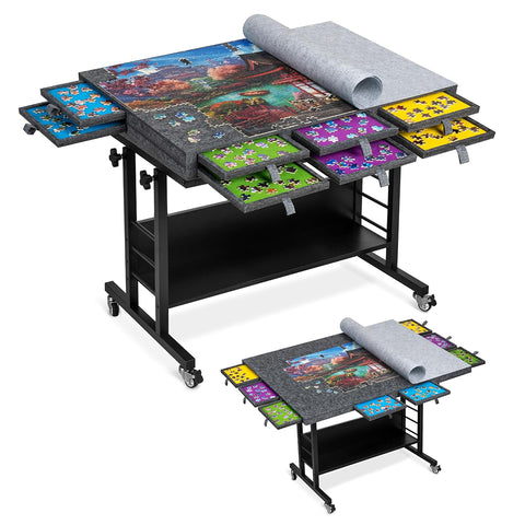 2000 Piece Foldable Felt Jigsaw Puzzle Board with Height Adjustment & Felt Cover & 8 Sorting Drawers - Dark Gray