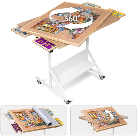 Adjustable Wooden Jigsaw Puzzle Storage Table with Cover & 4 Colored Drawers for Up to 1500 Pieces