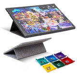 Lightweight gray felt puzzle board setup on a table with an active 1000-piece jigsaw puzzle and six colorful sorting trays nearby.