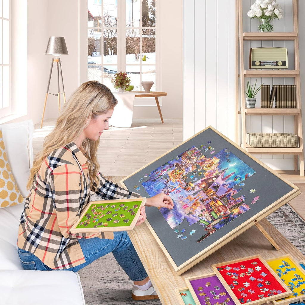 2-in-1 Tilting & Rotating Puzzle Board with 6 Colored Drawers for Up t ...