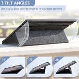 Close-up showing the adjustable stand set at a tilt, demonstrating how the non-slip felt surface holds puzzle pieces securely in place without sliding.
