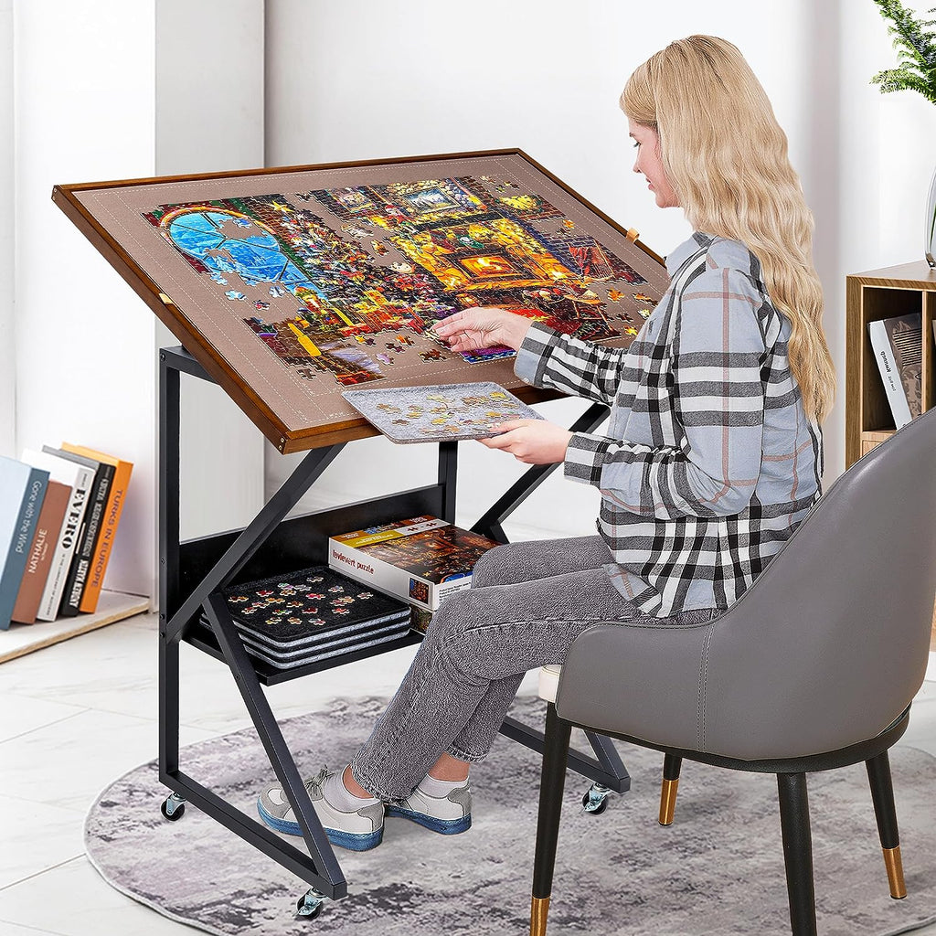 Kasinali 1500 Piece Puzzle Table With Drawers - Adjustable Tilting Board With Cover