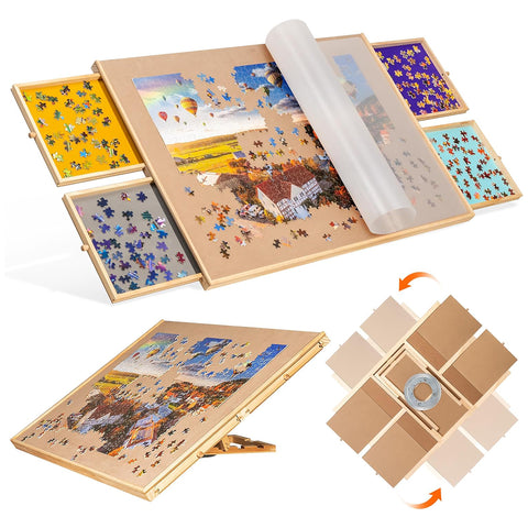 Rotating Jigsaw Puzzle Board with 4 Colorful Drawers for 1500 Pieces Puzzle