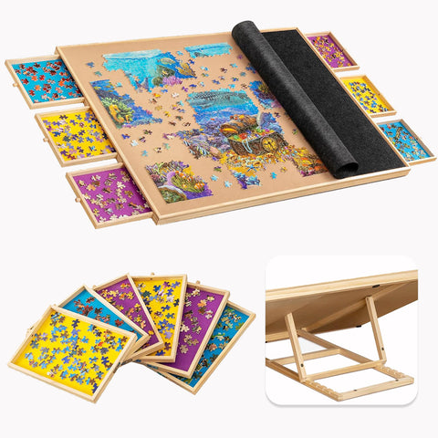 Wooden Portable Tilting Puzzle Board with 6 Drawers and Cover, Jigsaw Puzzle Table with Easel for 2000 Pieces Puzzle